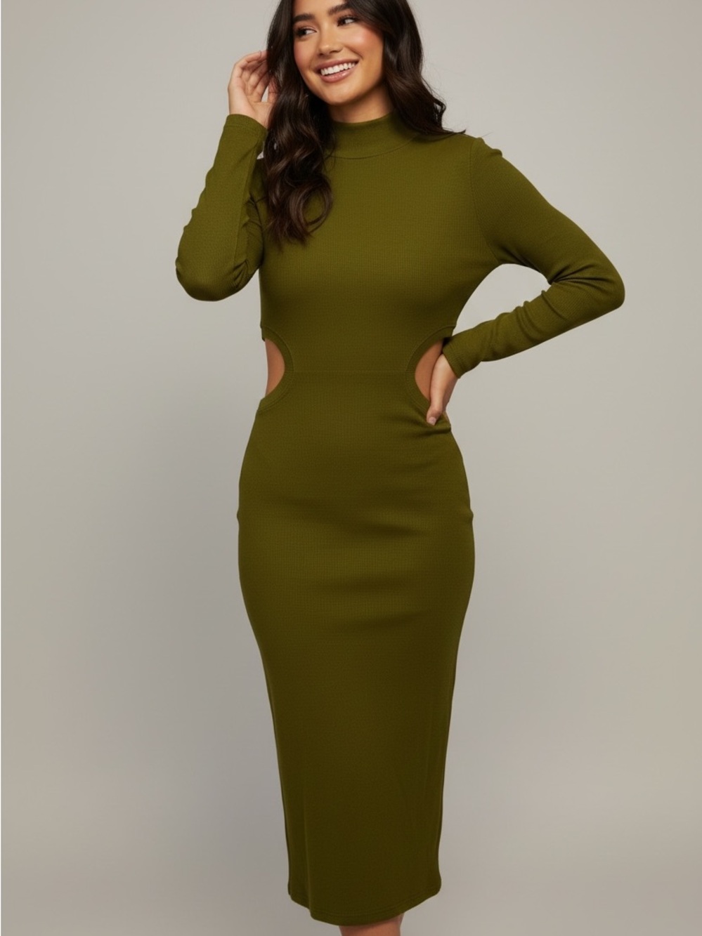 Zara Olive Long-Sleeve Midi Dress with Side Cutouts